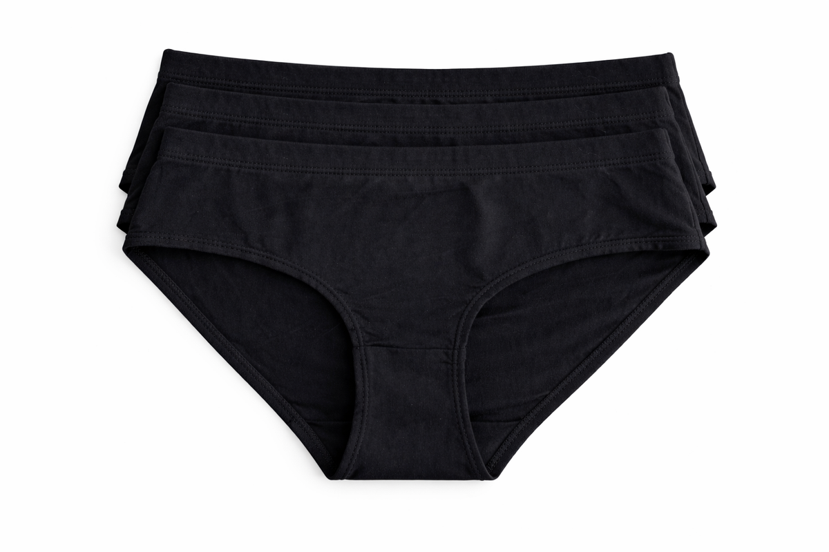 three of black underwear stacked on a white background