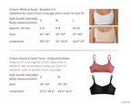 A sizing and color reference graphic for bralettes, showing two tables with measurements for sizes S, M, and L for White & Sand and Black & Earth Terra, alongside small product photos of white and beige bralettes on the right.