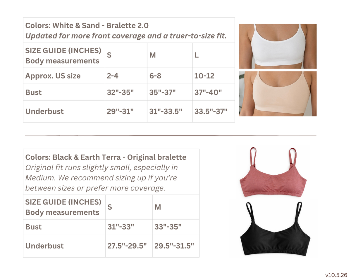 A sizing and color reference graphic for bralettes, showing two tables with measurements for sizes S, M, and L for White & Sand and Black & Earth Terra, alongside small product photos of white and beige bralettes on the right.