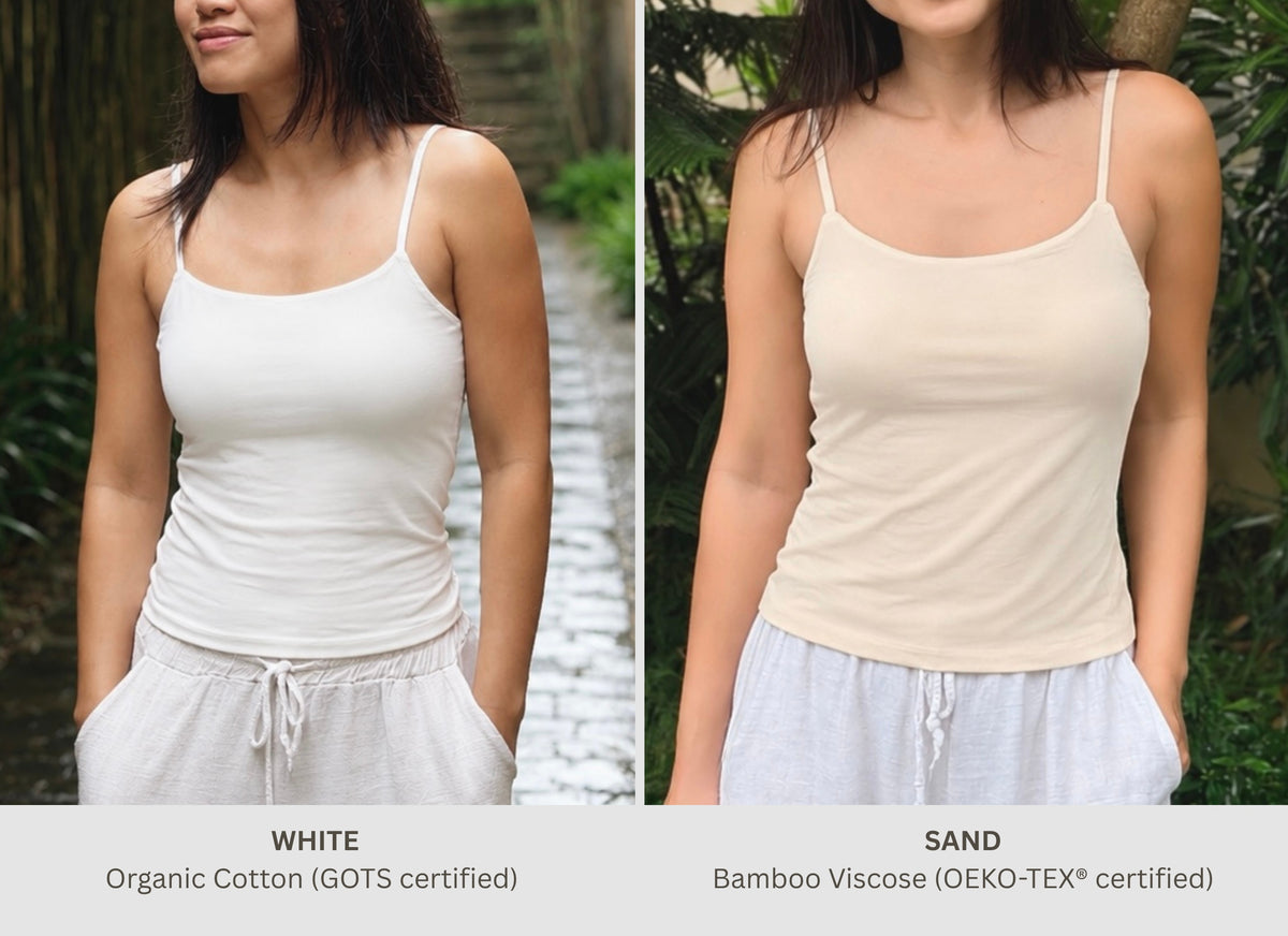 2 images comparing white organic cotton camisole tank to sand beige bamboo camisole tank with built-in bra