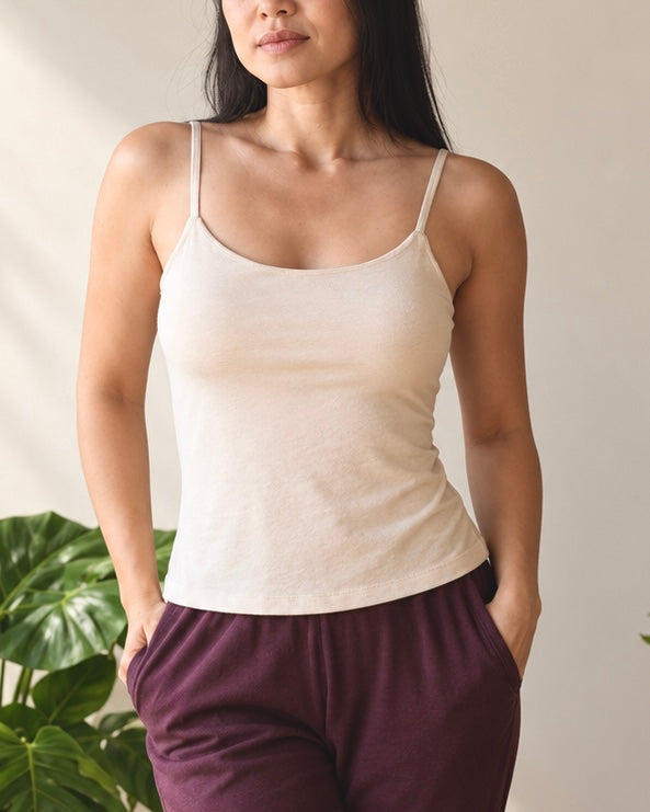 camisole tank top with built-in shelf bra in sand beige