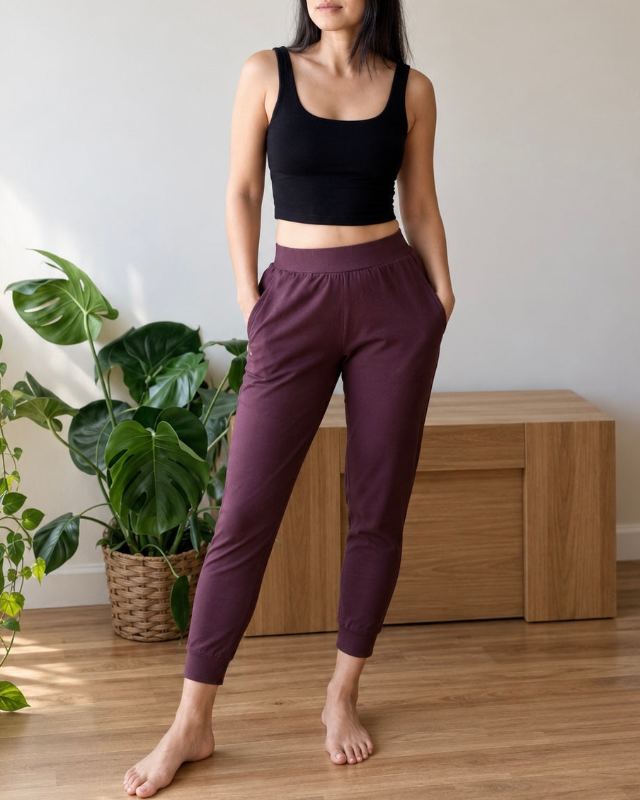 woman wearing black bamboo crop top and chocolate plum jogger pants 