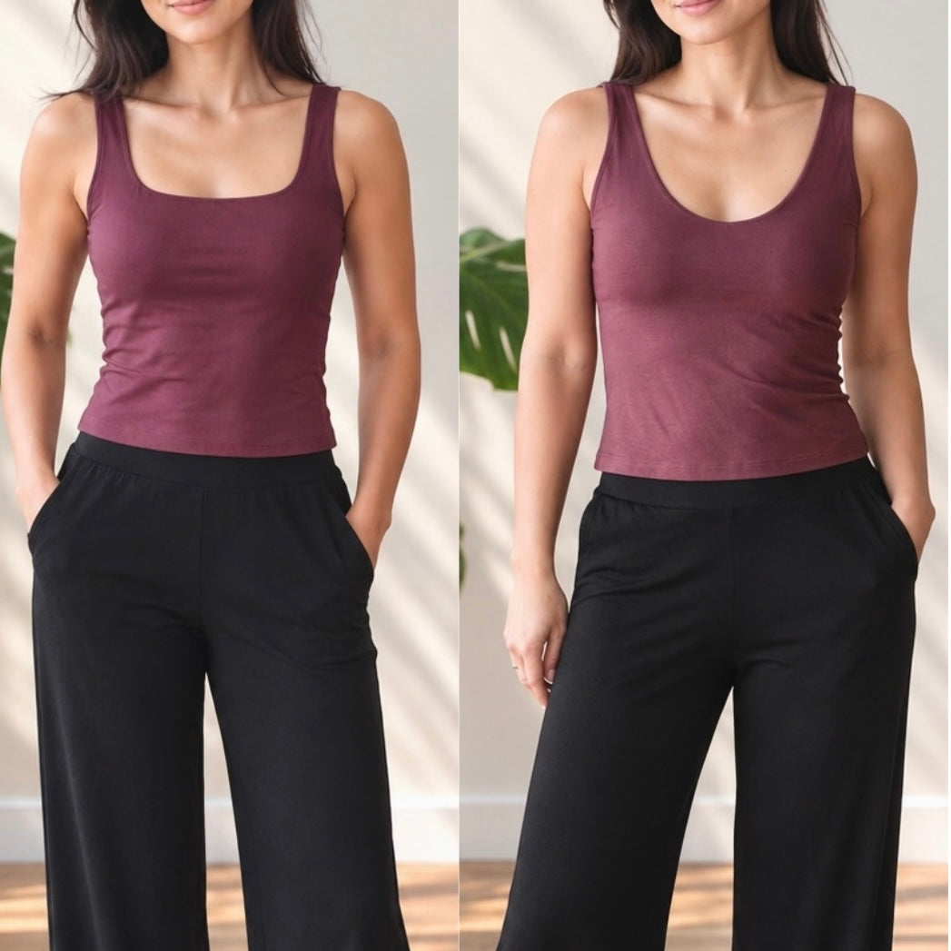 Bamboo Reversible Square-to-Scoop Tank - Built-In Bra