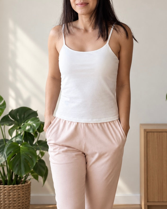 A woman wearing a white organic cotton camisole tank top with built-in shelf bra and light blush pink lounge pants, standing in a brightly lit room with a green potted plant and a wooden cabinet in the background.
